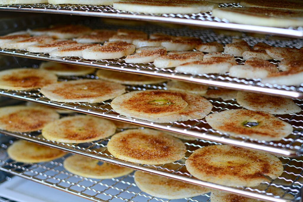 Apple slices on the trays inside the dehydrator.
