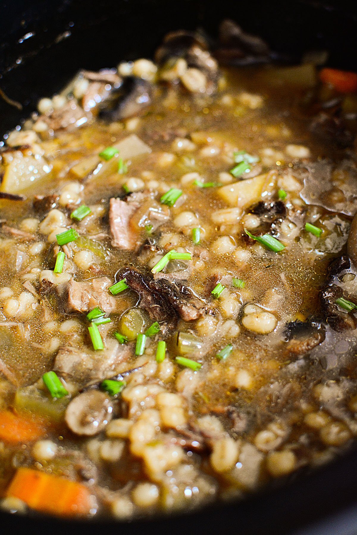 Beef barley stew with a green onion garnish, still in the slow cooker bowl. 