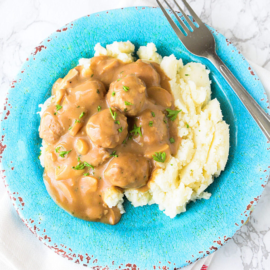 SLow Cooker Creamy Mushrooms & Meatballs The Salty Pot