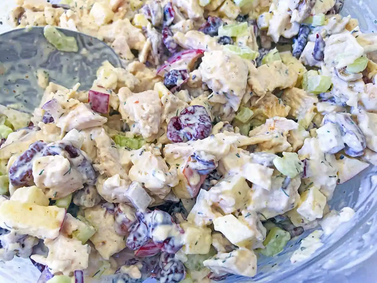 Cranberries, chicken and other ingredients to make the salad, in a bowl. 