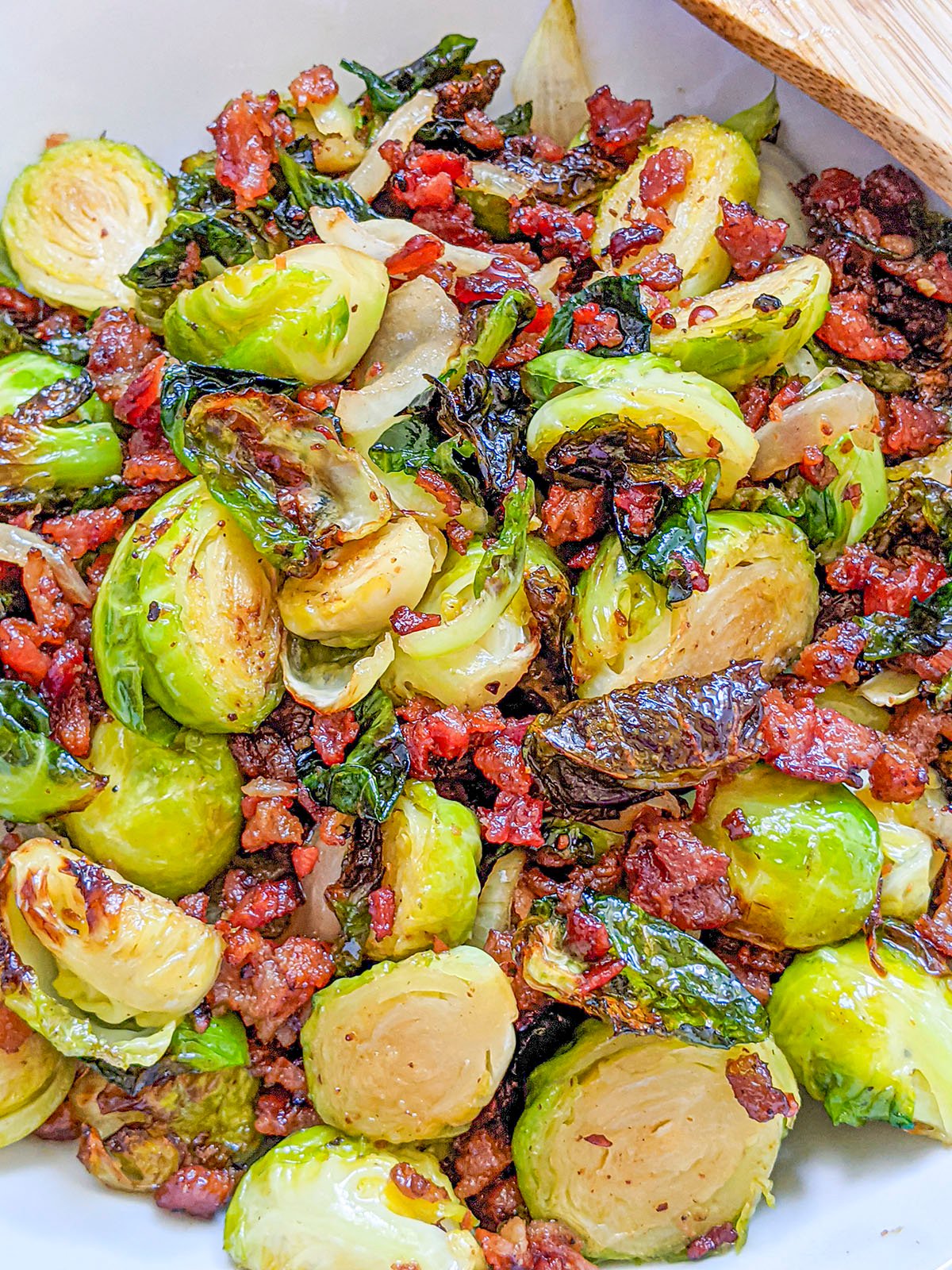 A close up photo of the brussel sprout side dish.
