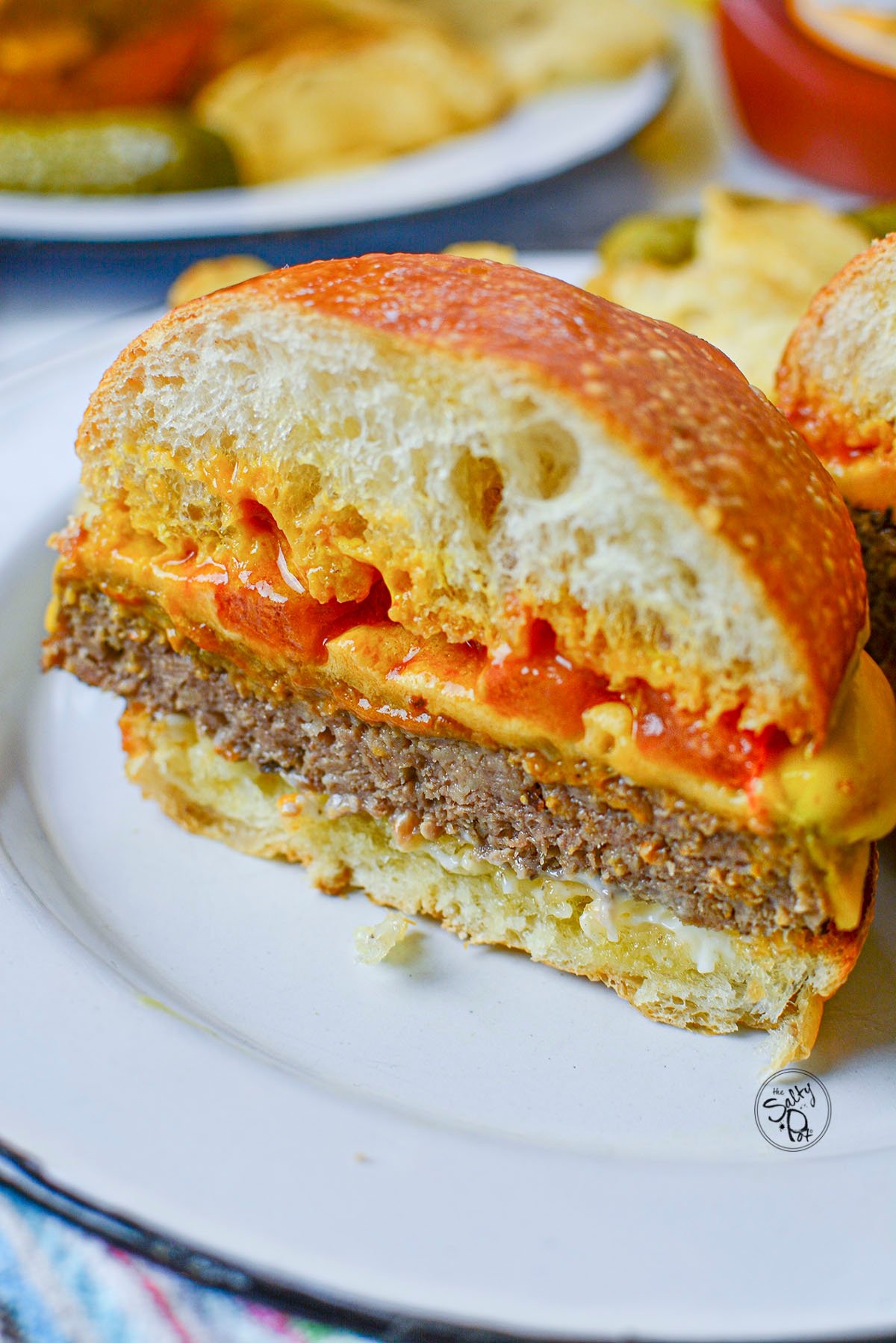 A cross section of a veggie burger.