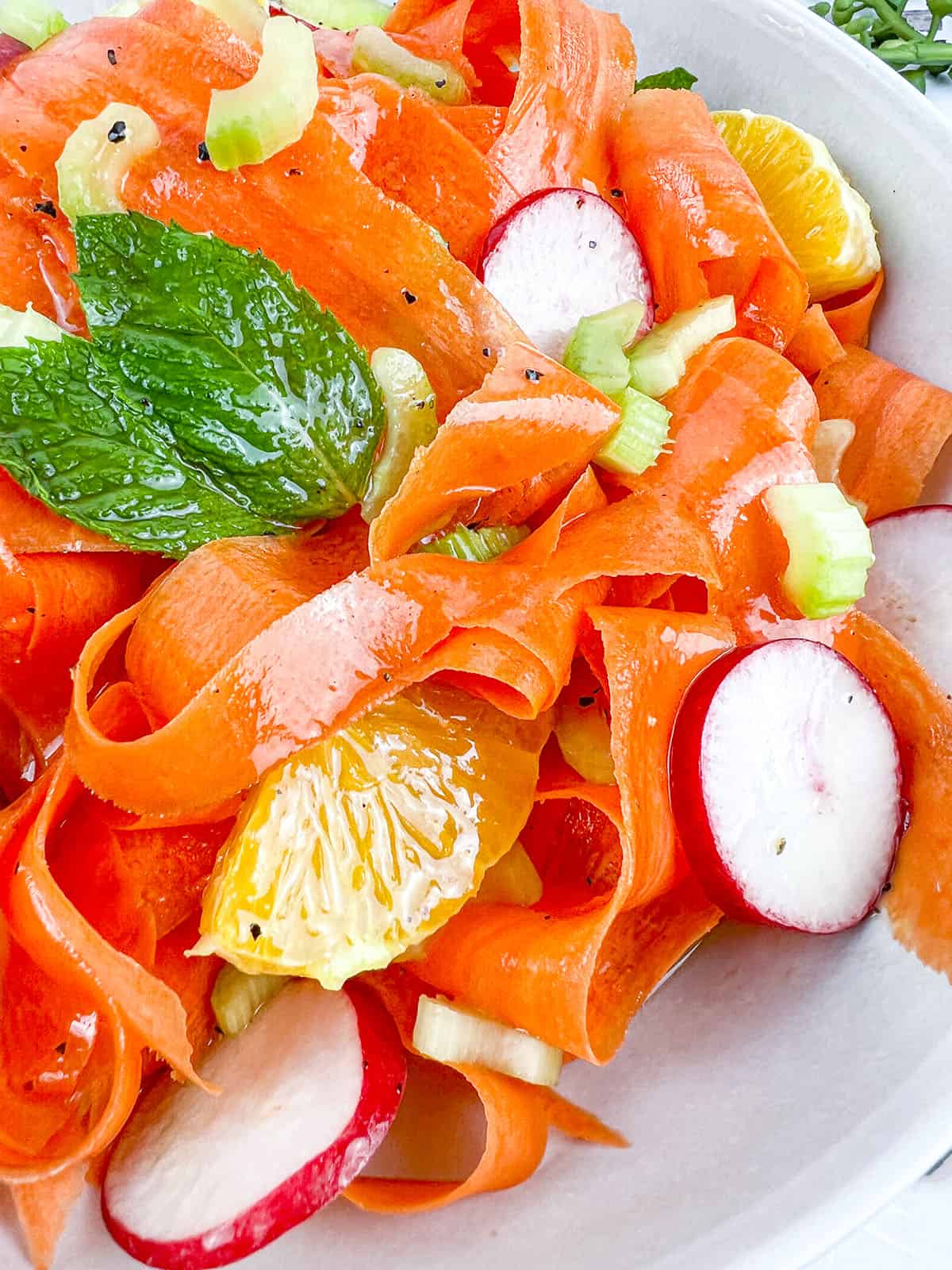 A macro look at the salad showing orange segments, carrots and radishes closeup.