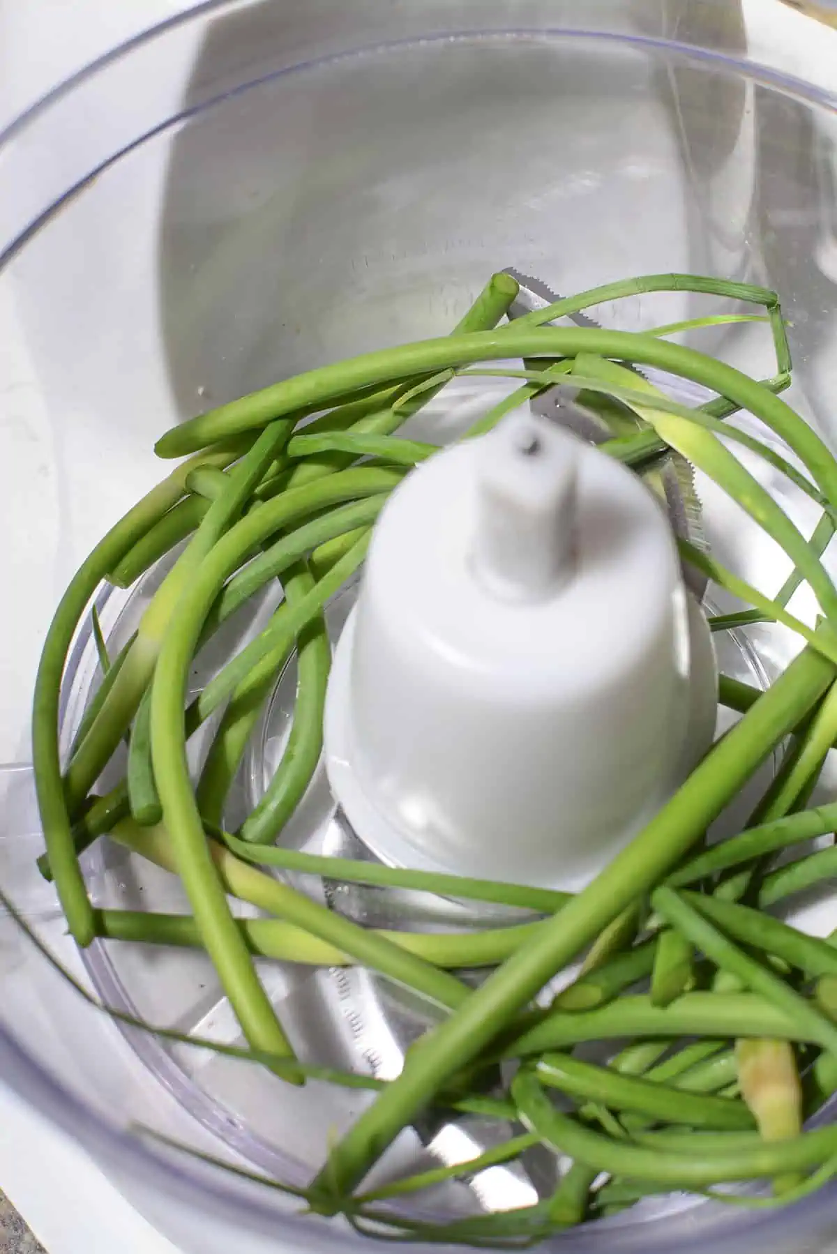 Garlic scapes in the food processor.