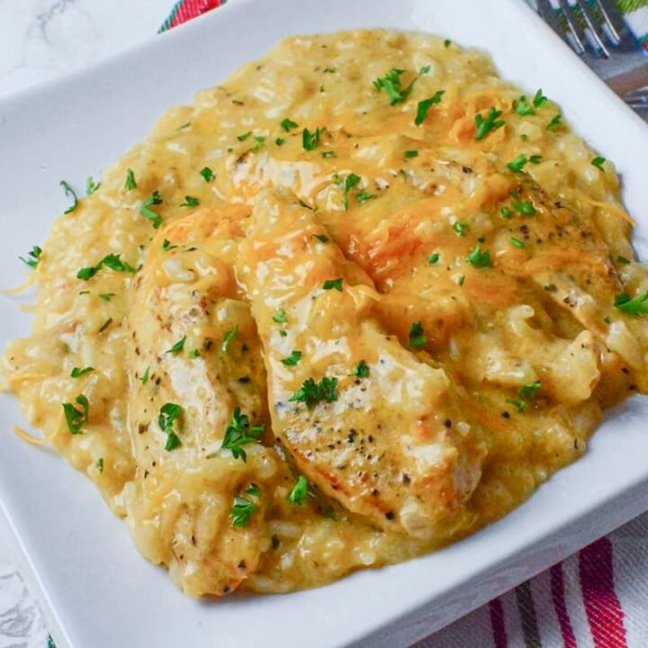 Risotto and chicken on a white plate.