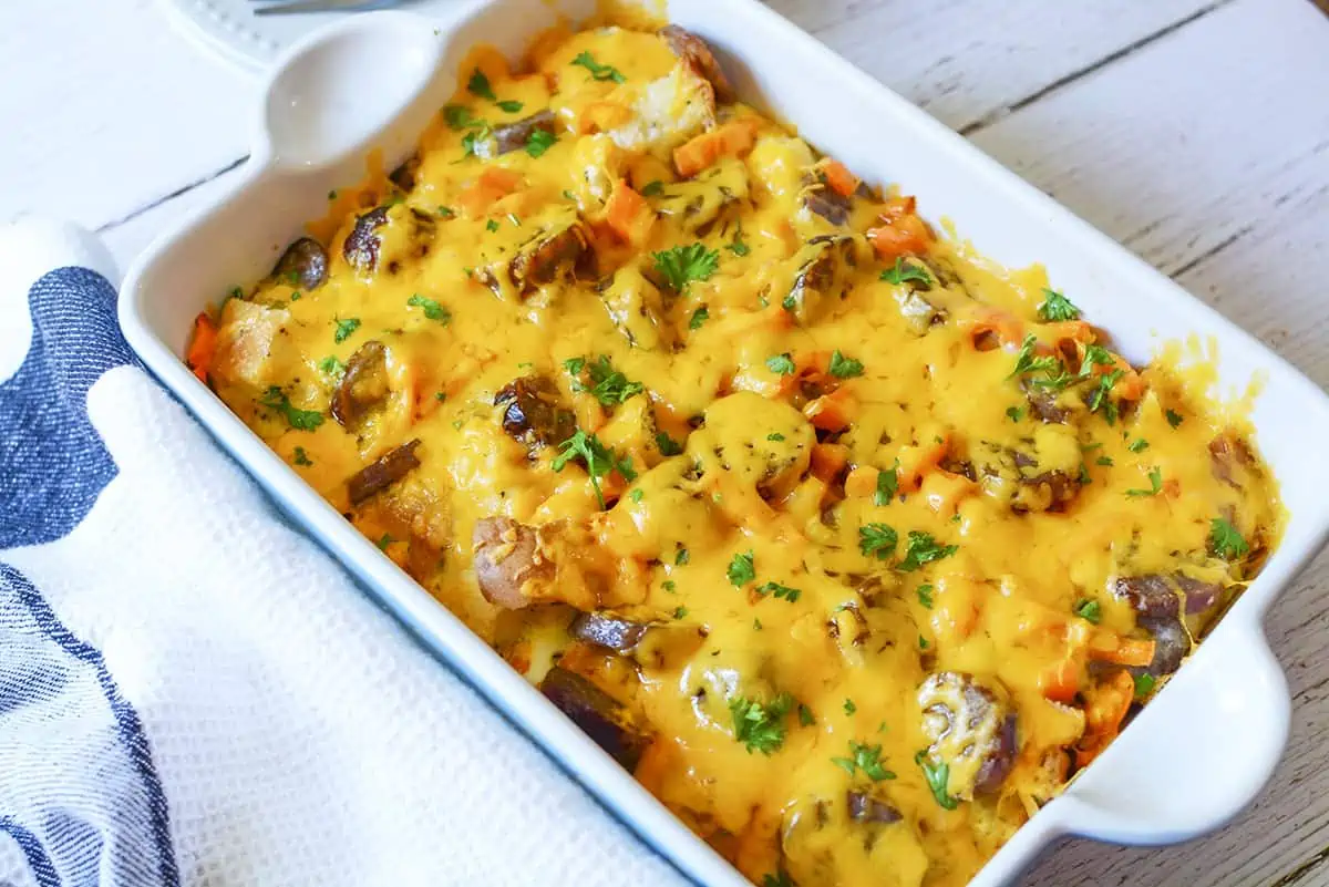 Bratwurst morning casserole using leftover brats.