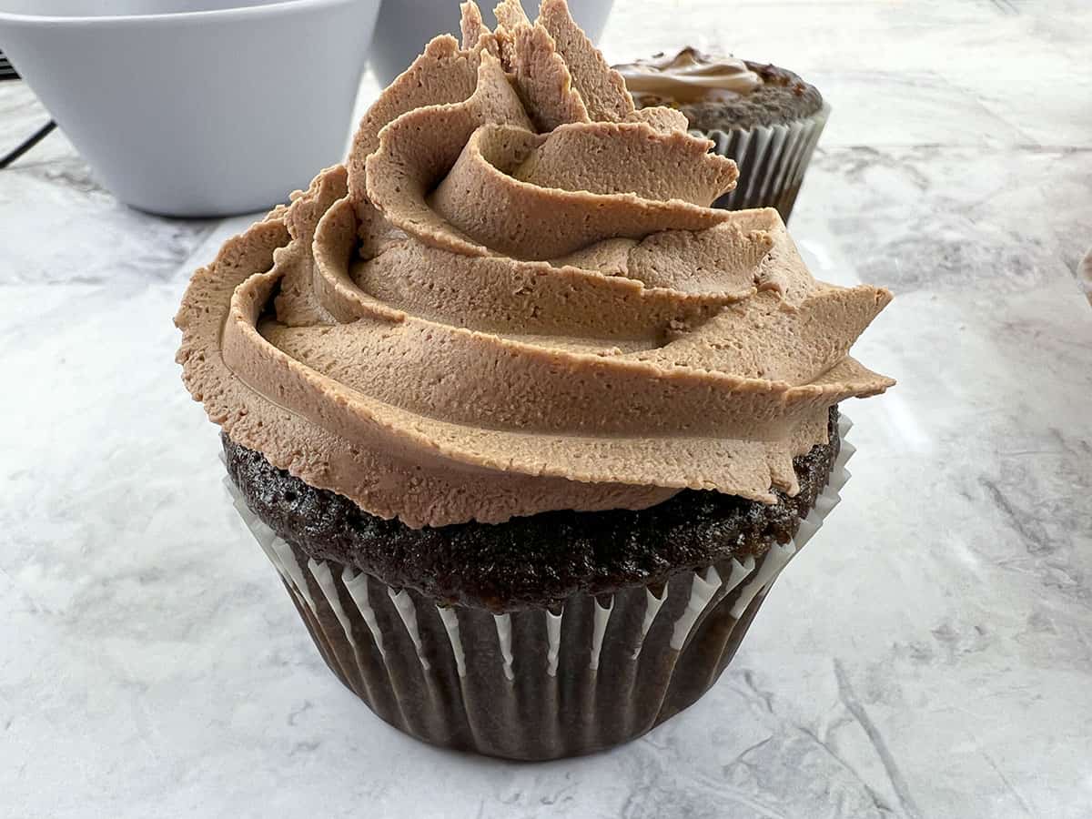 A cupcake with the frosting piped on top.