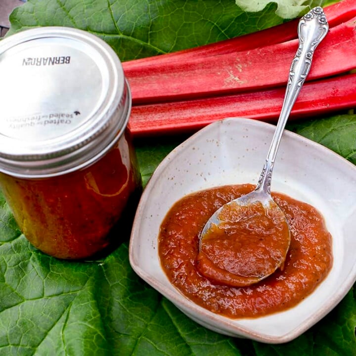 Rhubarb BBQ Sauce in a mason jar as well as in a small bowl with a spoon.