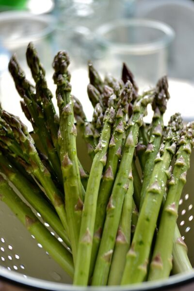 Spears of asparagus in an enamel colander on a table.