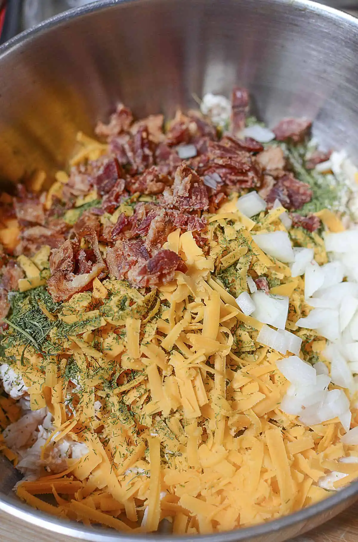 All the ingredients added to the bowl, about to be mixed together.