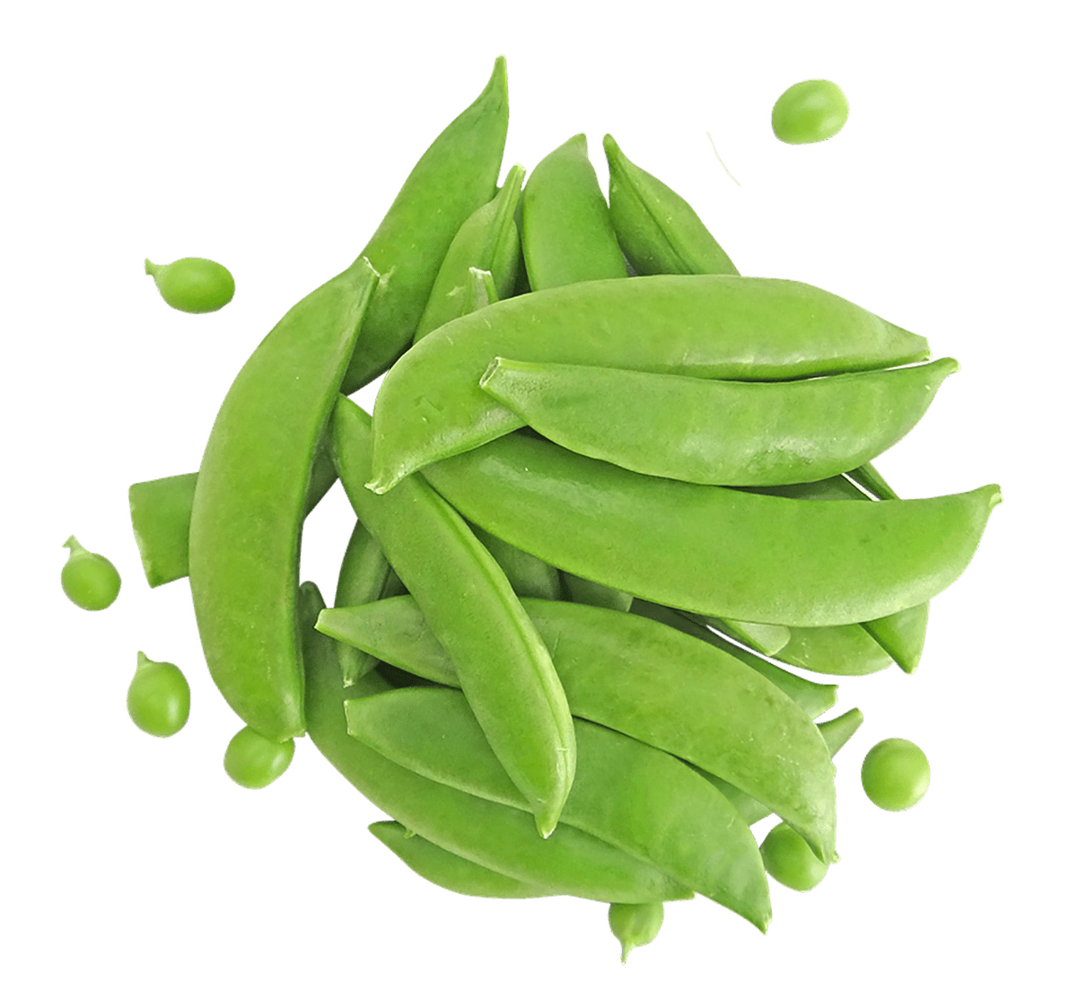 A pile of green peas on a white background with a few other loose peas surrounding them.