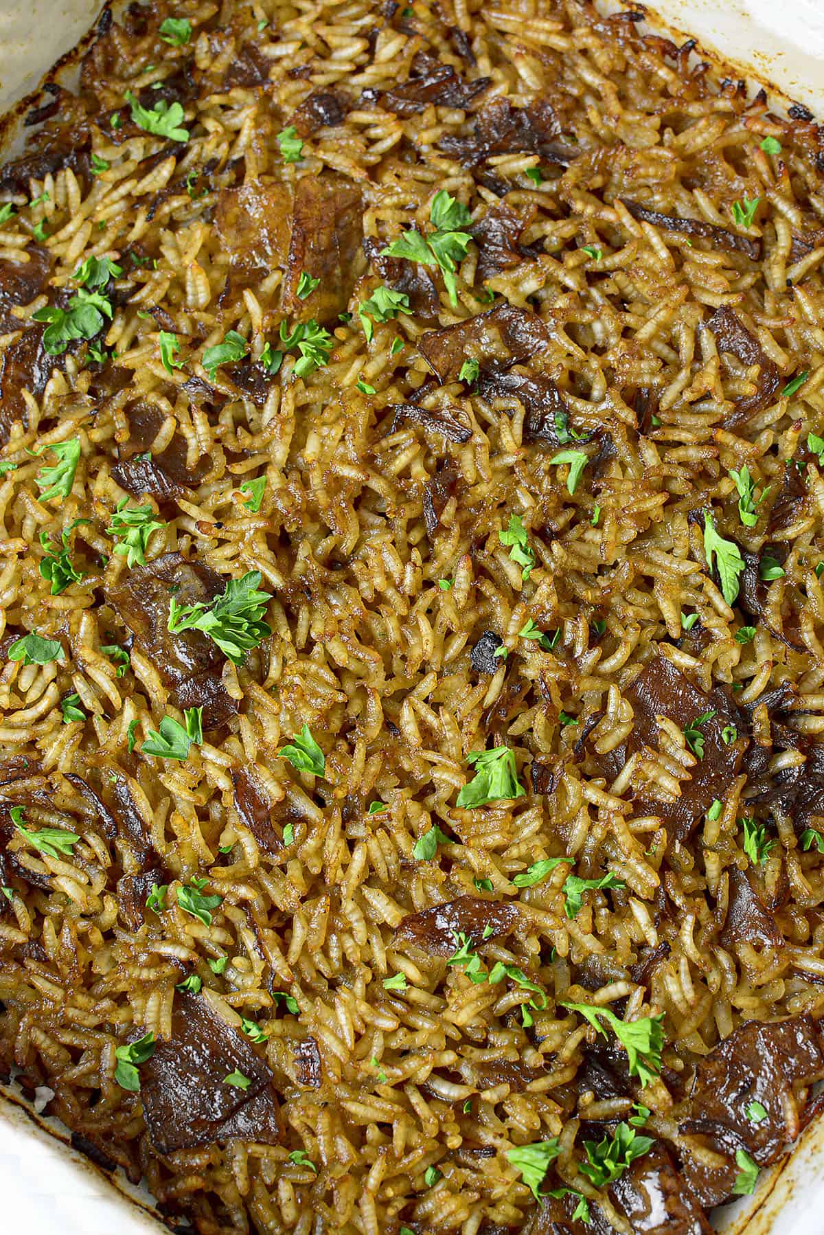 Close up of the onion rice recipe.