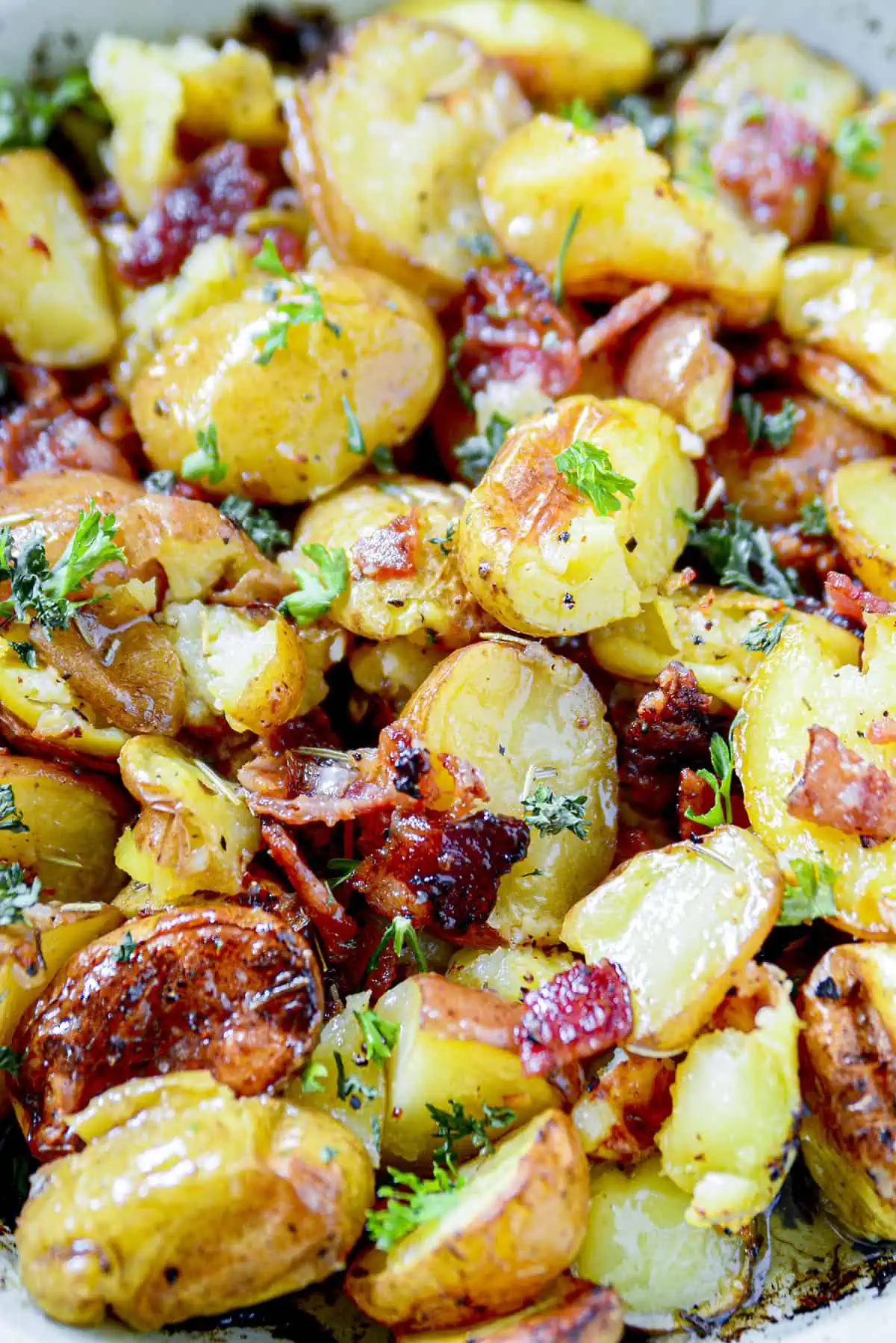 Baby potatoes that have been roasted with bacon and rosemary. 