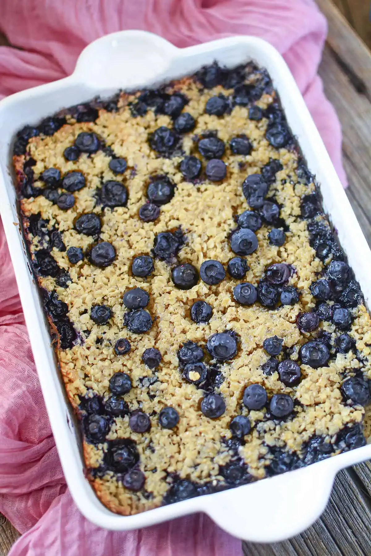 A baking dish filled with the blueberry baked oats.