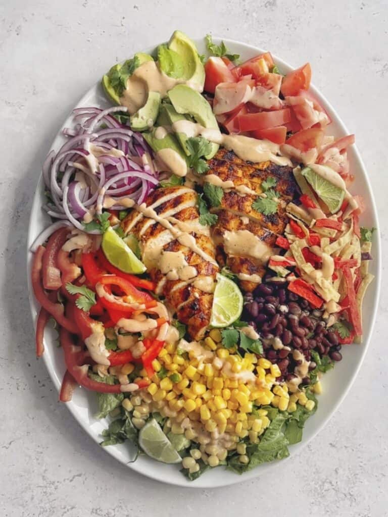 Ingredients like chicken, corn, black beans, red onions and tortilla strips arranged on a large white plate.