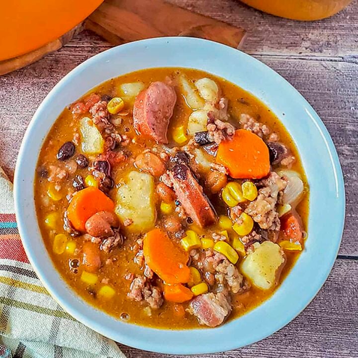 Cowboy soup in a bowl, square photo.