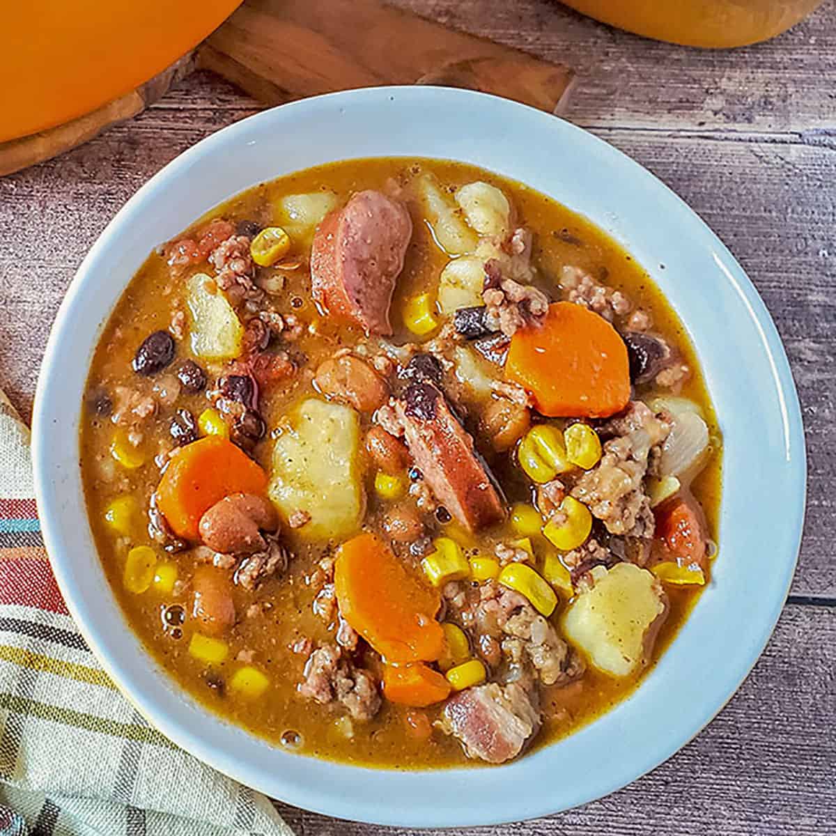 Cowboy soup in a bowl, square photo.