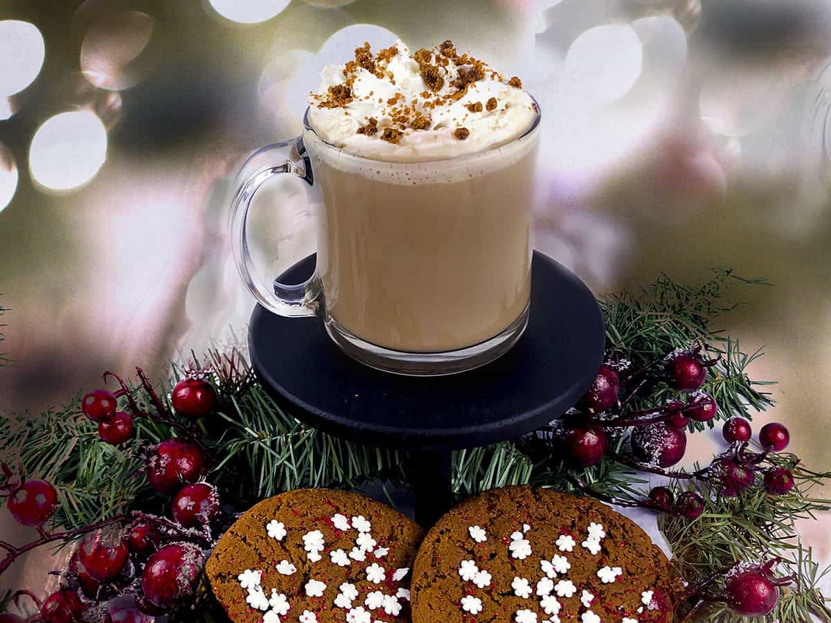 Spiced rum hot chocolate with whipped topping sitting on a black platform with cookies underneath.