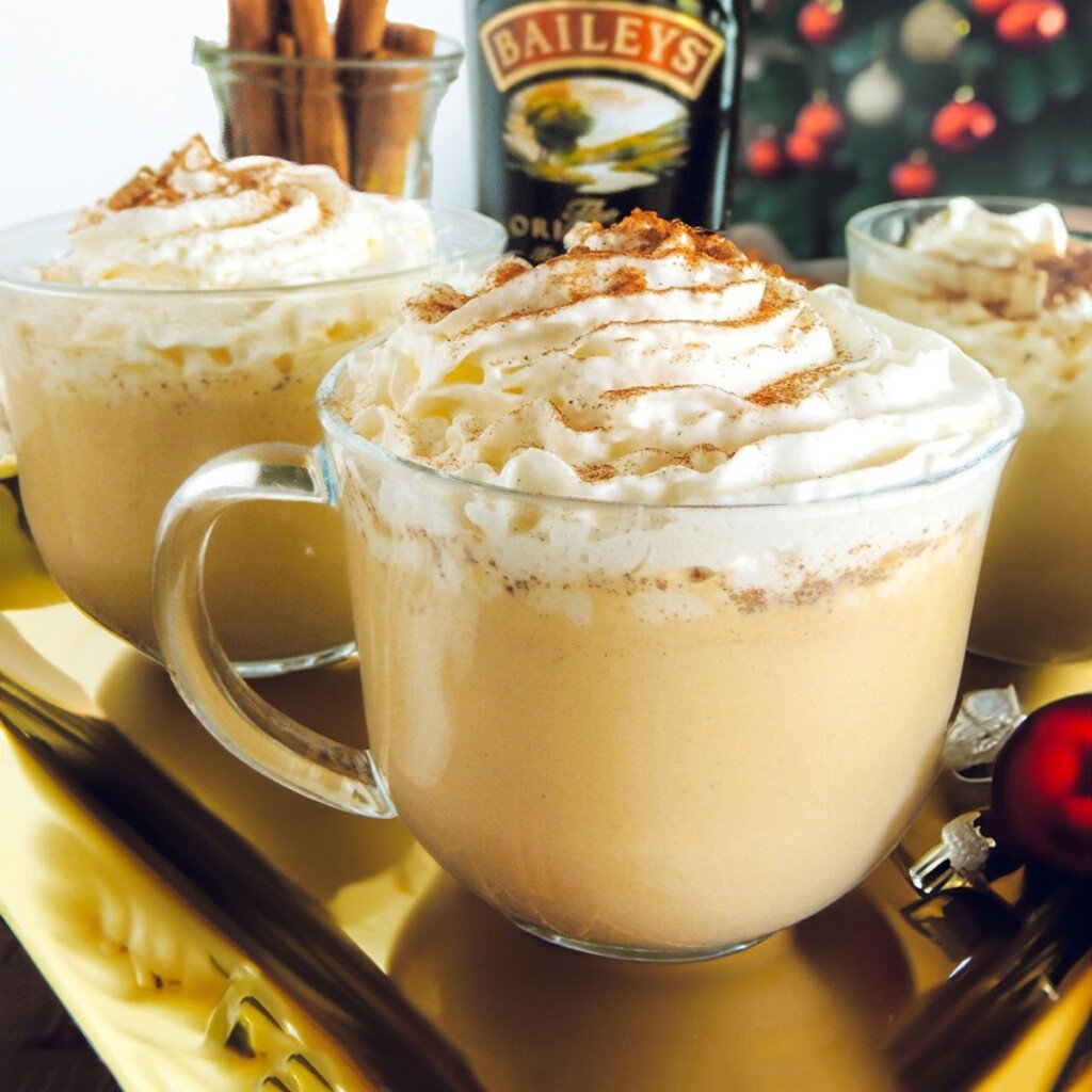 Eggnog and Baileys in a mug with whipped cream on top.