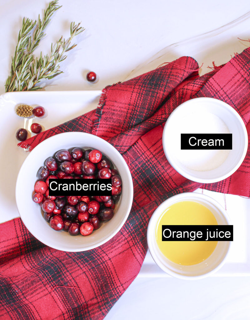 Ingredients shown for the cranberry sauce. Cranberries, sugar, orange juice.