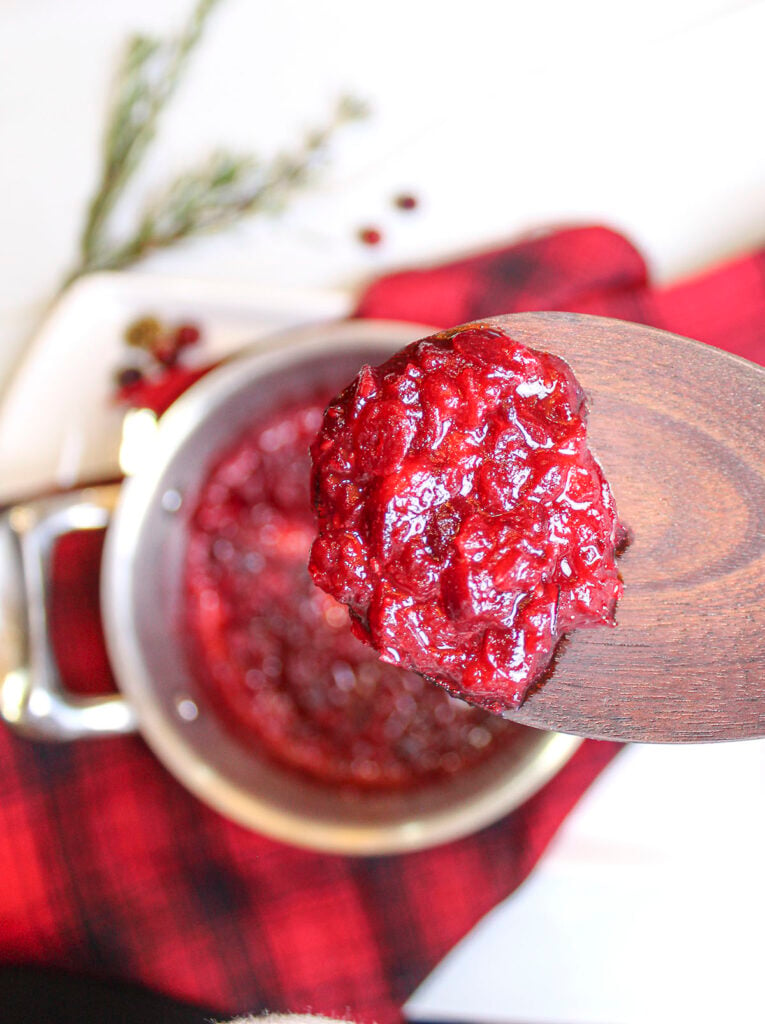 A wooden spoon with a portion of cranberry sauce on the spoon. 