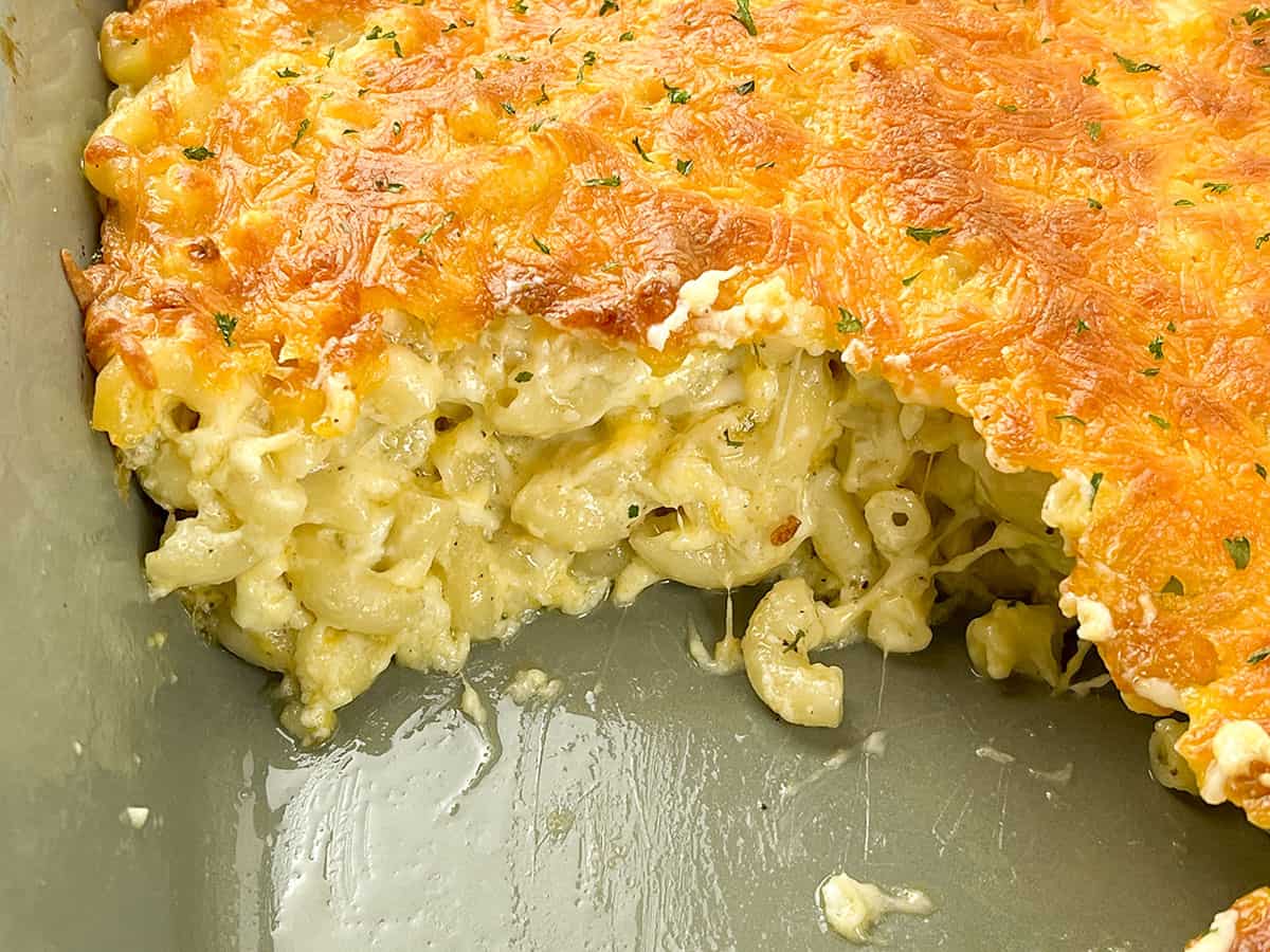 The mac and cheese casserole from a side view.