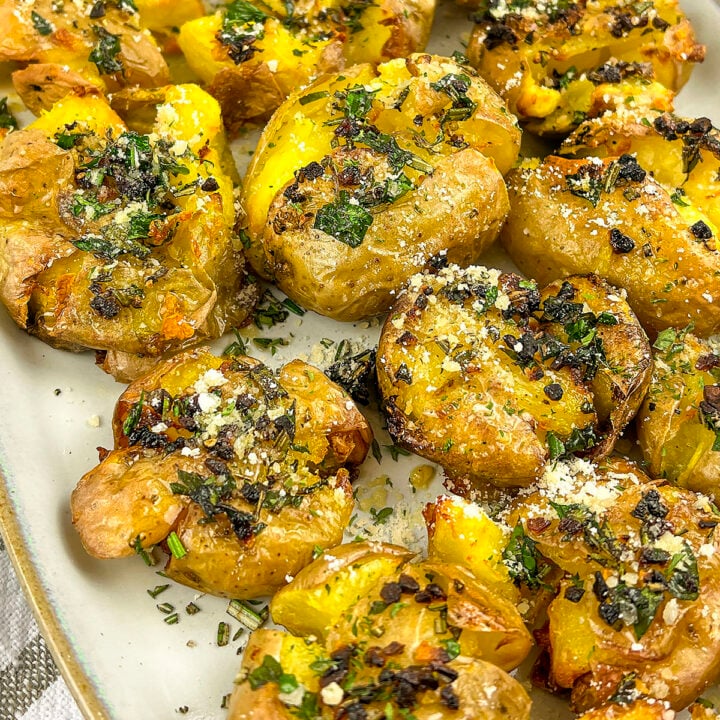 Air fryer smashed potatoes square image.