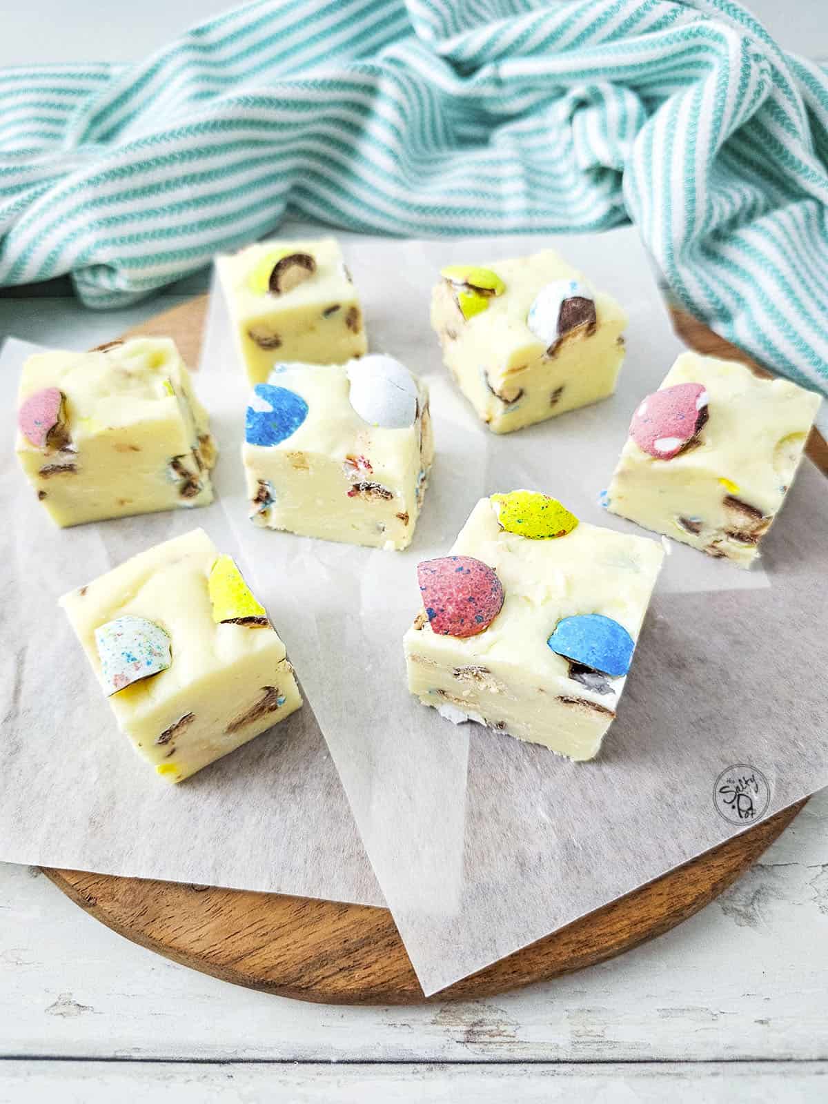 Easter egg fudge on a plate with parchment paper. 