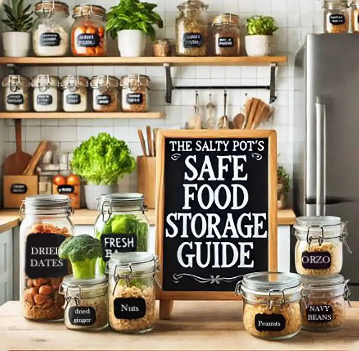 Kitchen containers with food on a wooden table with a wooden sign.