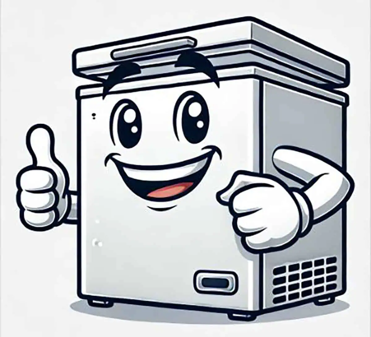 Cartoon freezer with eyes and a thumbs up.