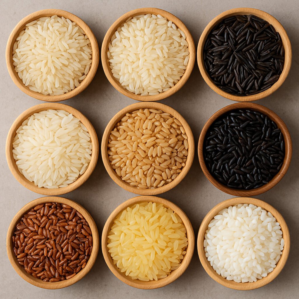 9 types of rice arranged together in bowls.