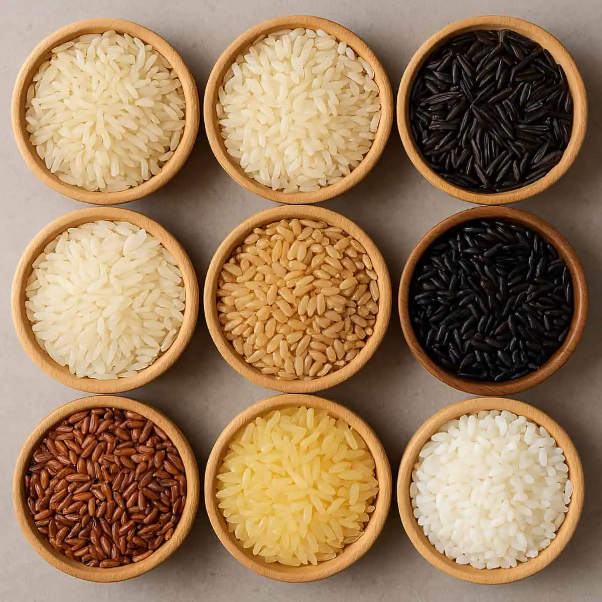 9 types of rice arranged together in bowls.