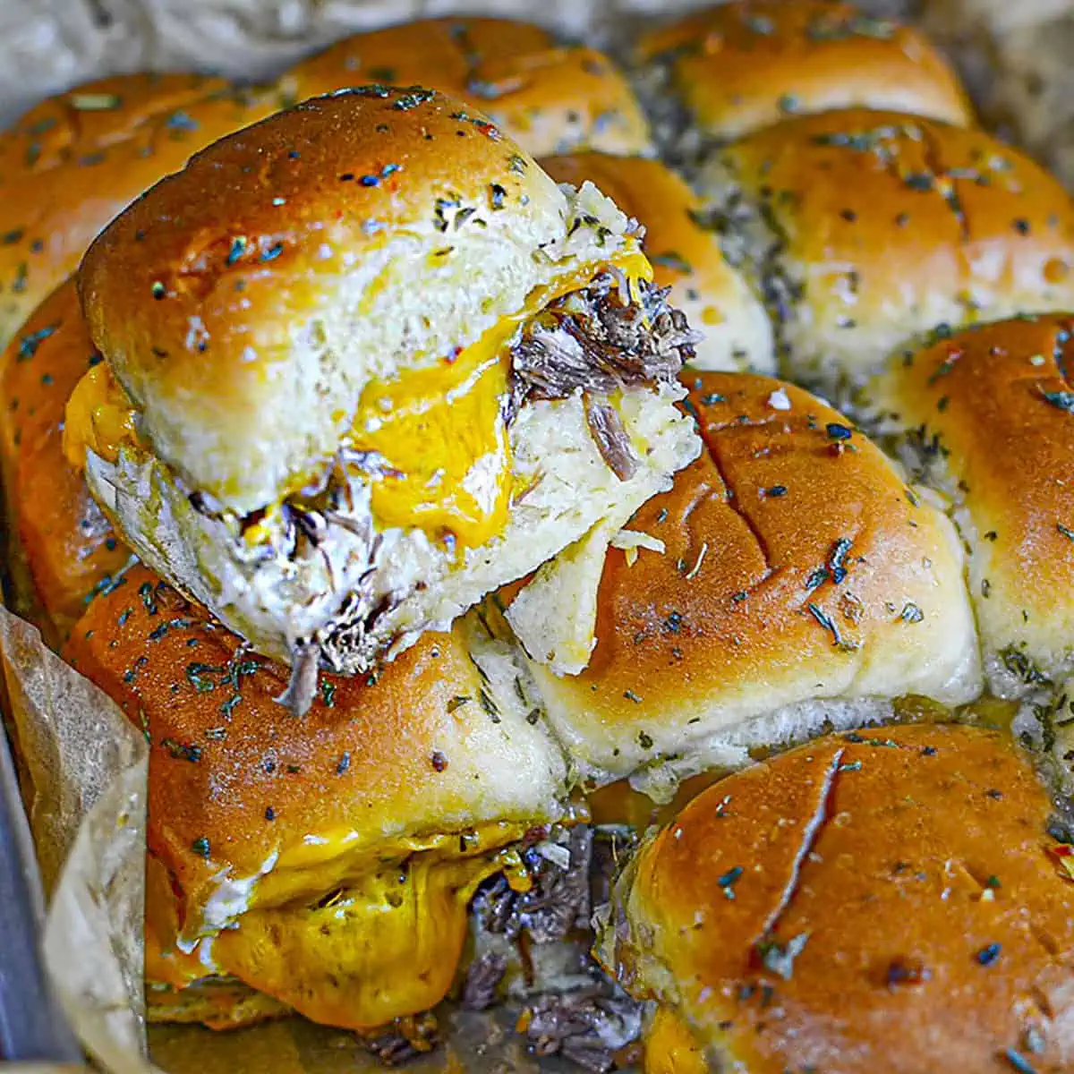 beef and cheddar slider, square image.