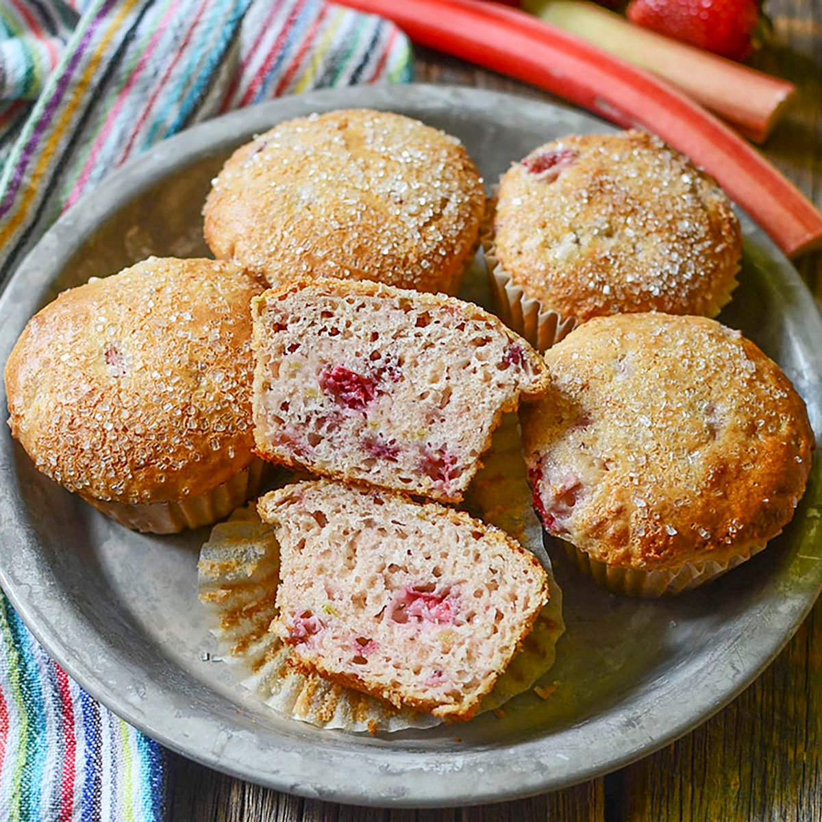 4 Ingredient strawberry rhubarb muffins in a tin plate, square image.