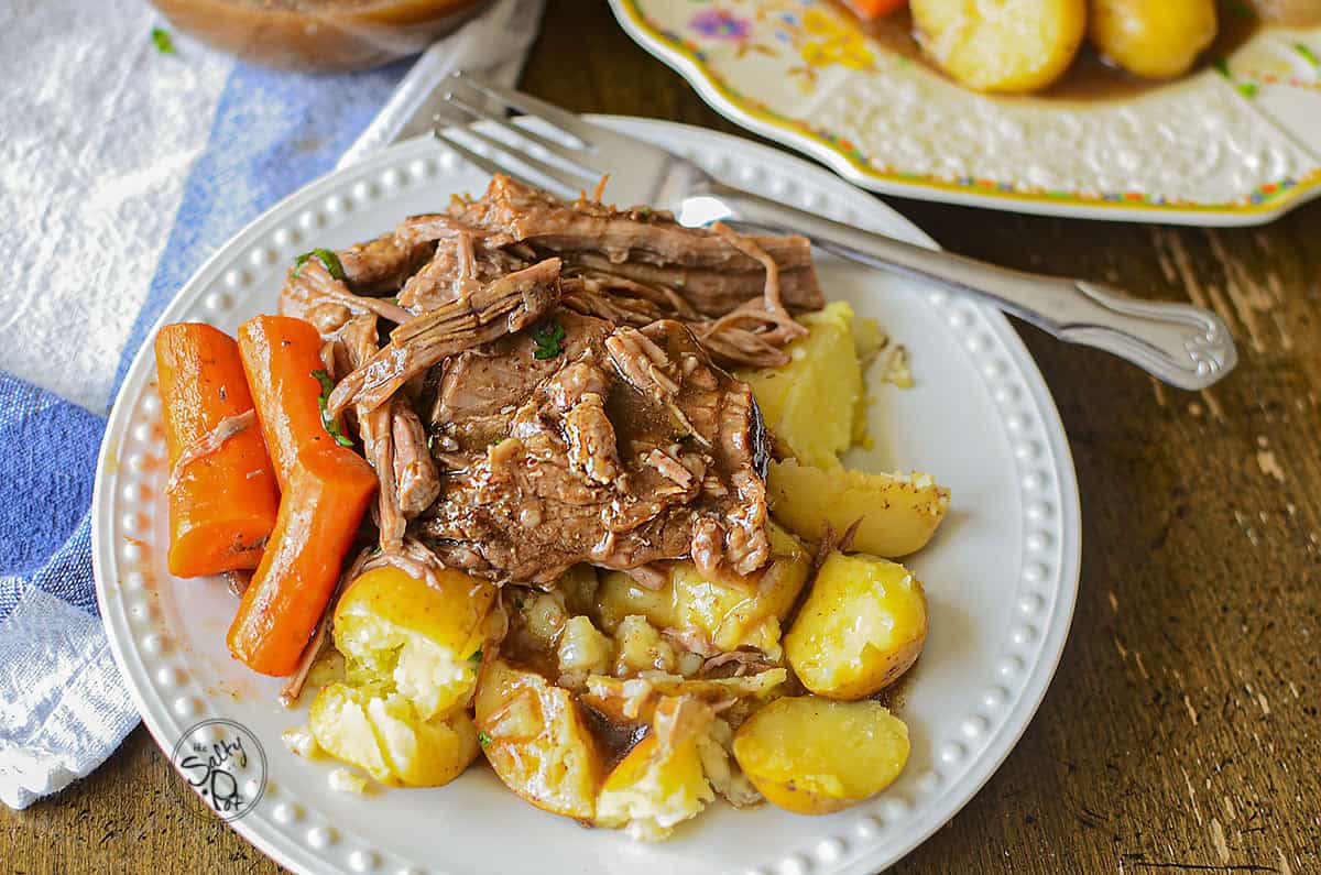 A plated image of the beef pot roast on a white plate.