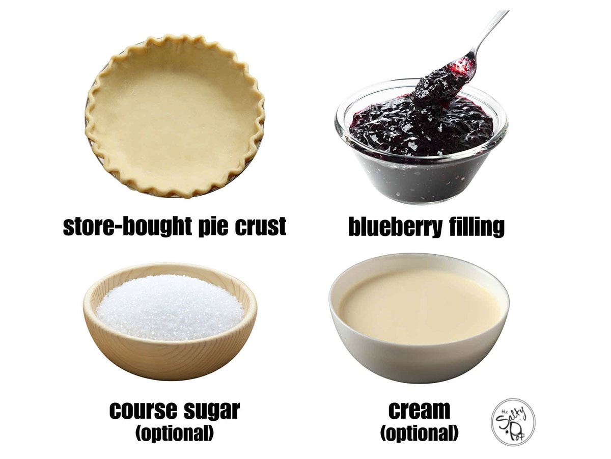 Blueberry ahnd pies ingredient photo. Pie crust, blueberry filling, coarse sugar, cream.