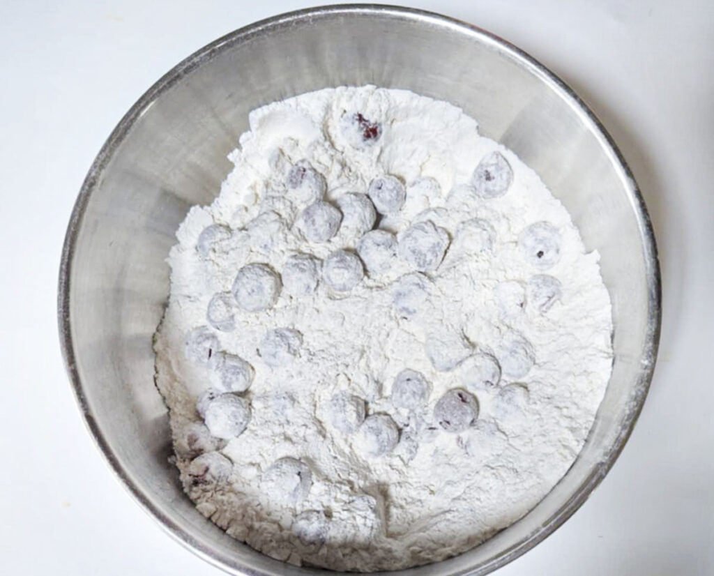 Sour cherries in the dry mix to make sour cherry muffins.