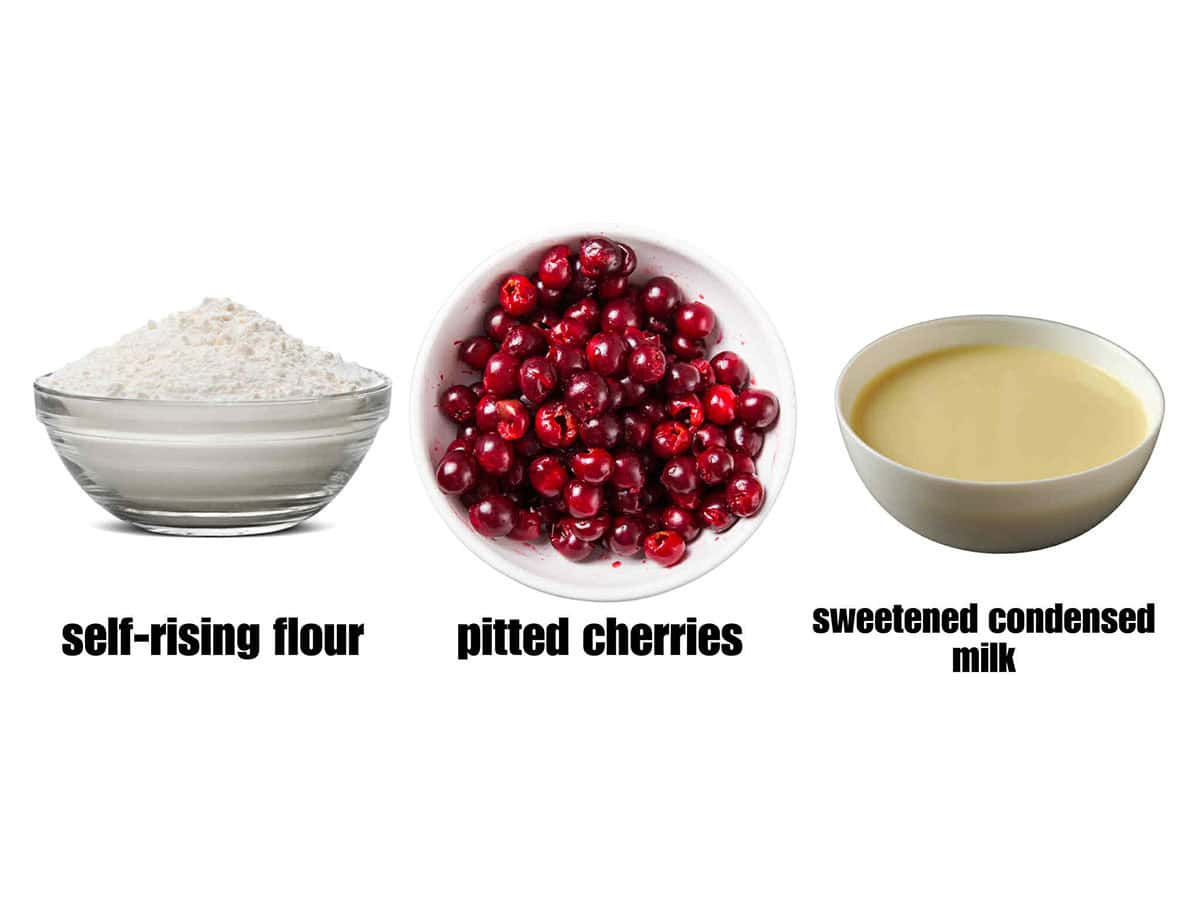 Ingredient photo for sour cherry muffins. Sugar, pitted sour cherries and sweetened condensed milk.