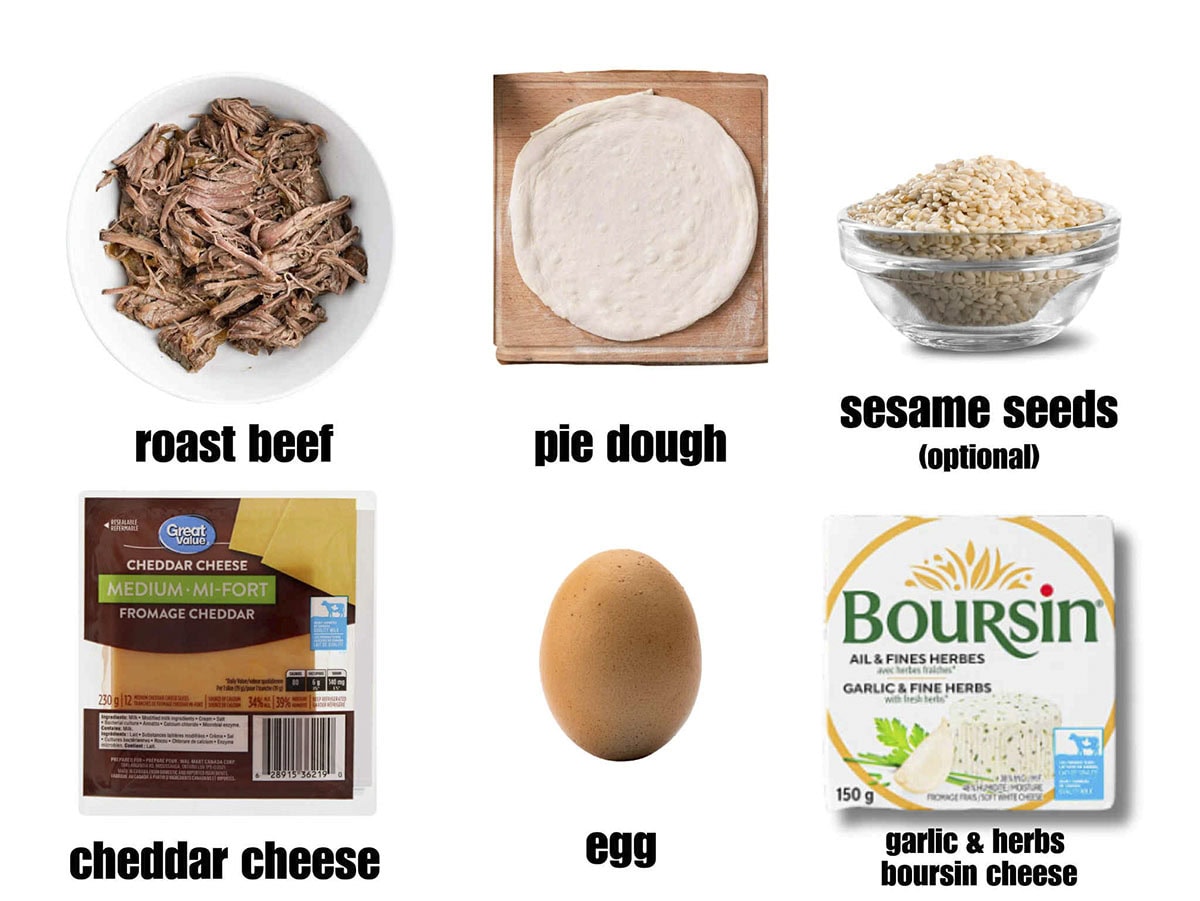 Beef hand pies ingredient photo. Shredded beef, pie dough, sesame seeds, cheddar cheese, egg and boursin cheese.