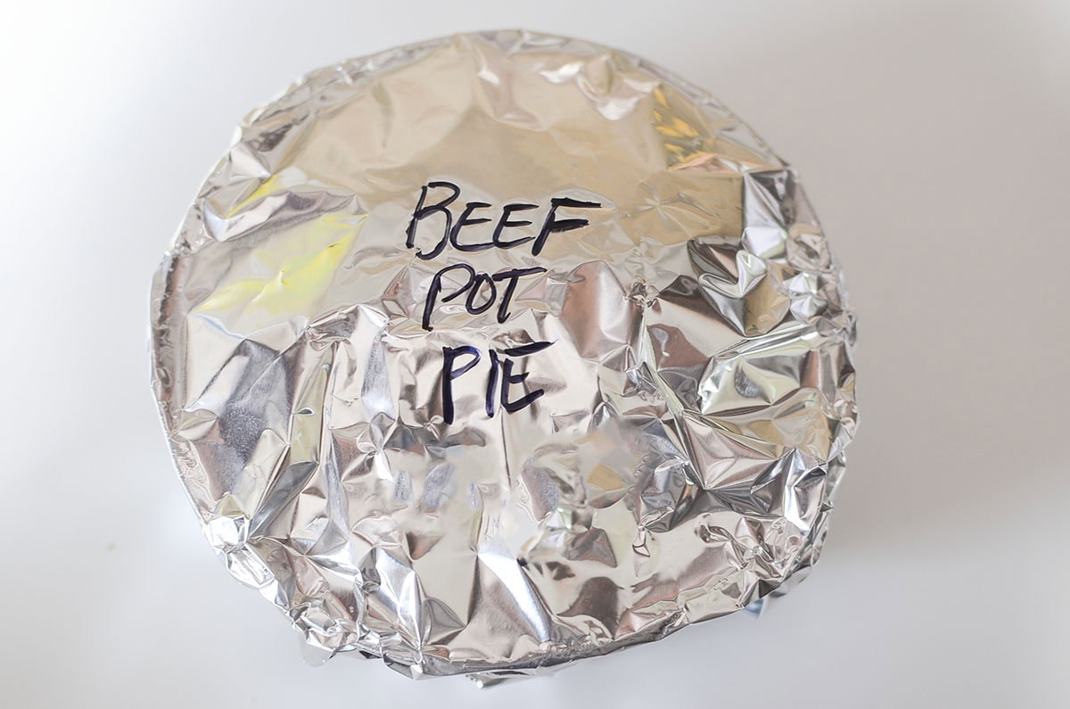 Beef pot pie meal labeled on the foil.