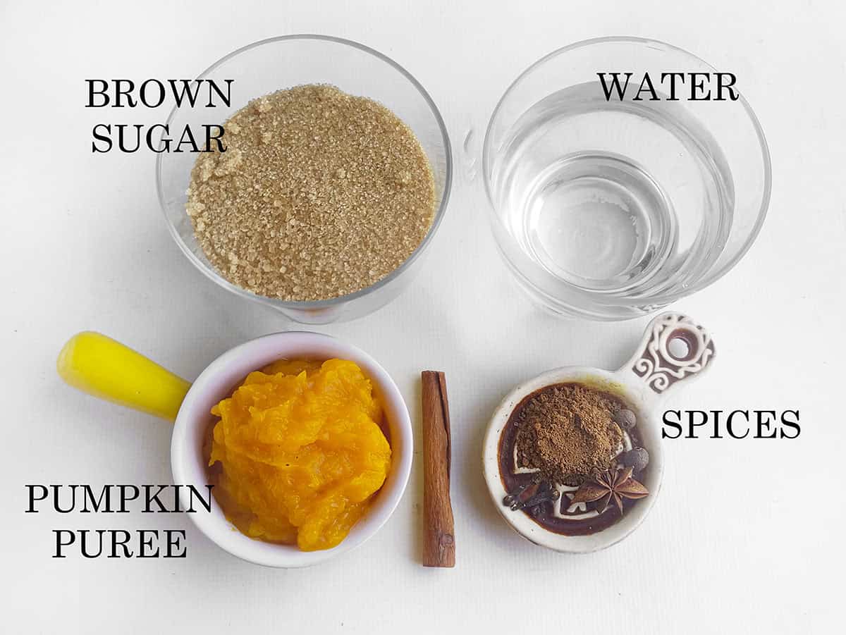 Ingredient photo for the pumpkin spice coffee syrup. Brown sugar, water, spices and pumpkin puree.