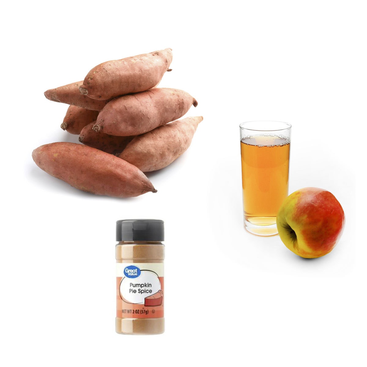 Sweet potato butter ingredients. Sweet potatoes, apple juice and pumpkin pie spice.