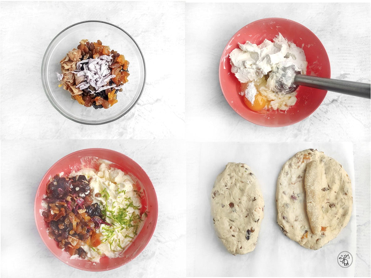 4 process images of making the holiday stollen.
