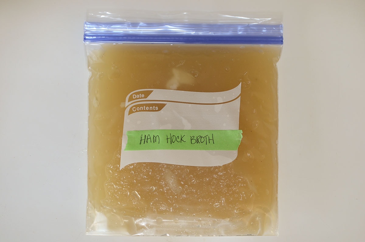 Pork hock broth in a ziplock bag.
