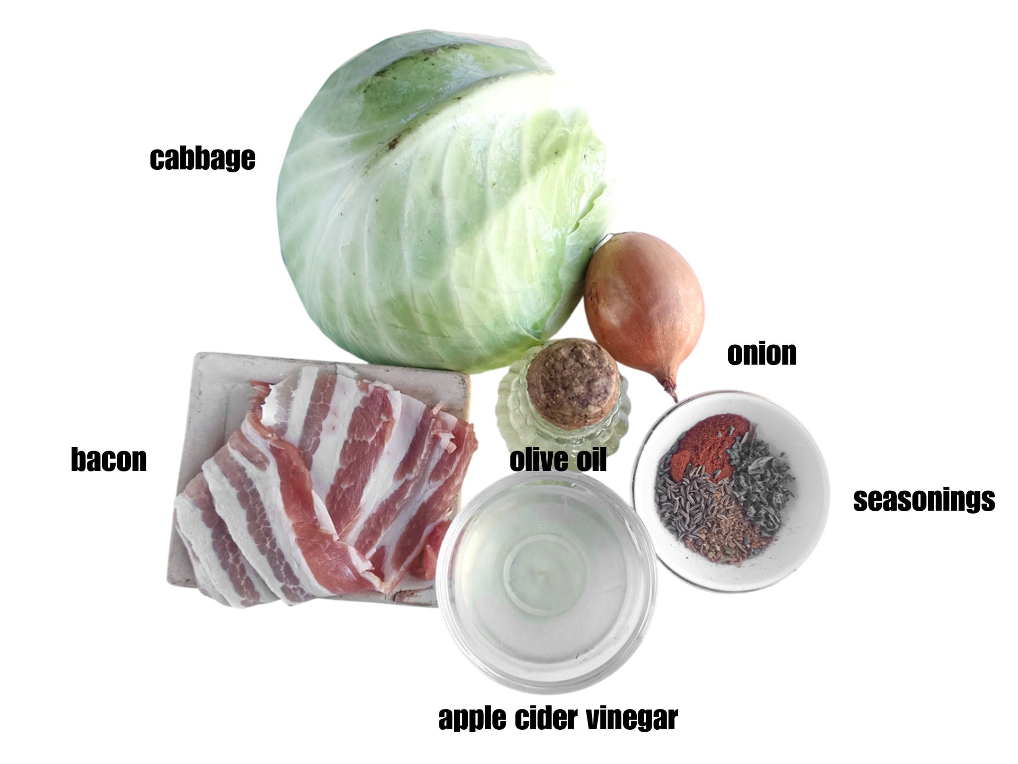 Ingredient photo: cabbage, bacon, oil, onion, apple cider and seasonings. 