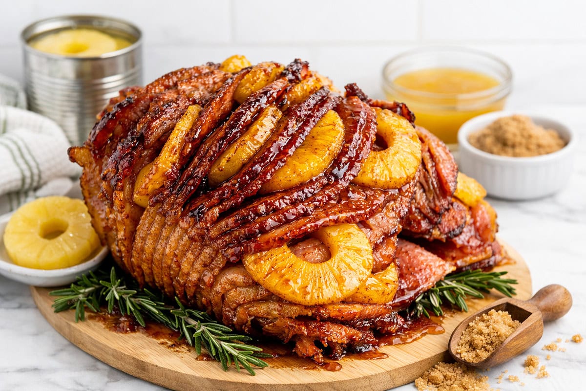 A focused, slightly lowered angle shot of the finished, baked ham resting on the round wooden cutting board, garnished with rosemary. The glistening, dark brown sugar glaze covers the crispy edges of the meat. A wooden scoop holding crumbled brown sugar rests near the front of the ham, emphasizing the core flavor ingredients.