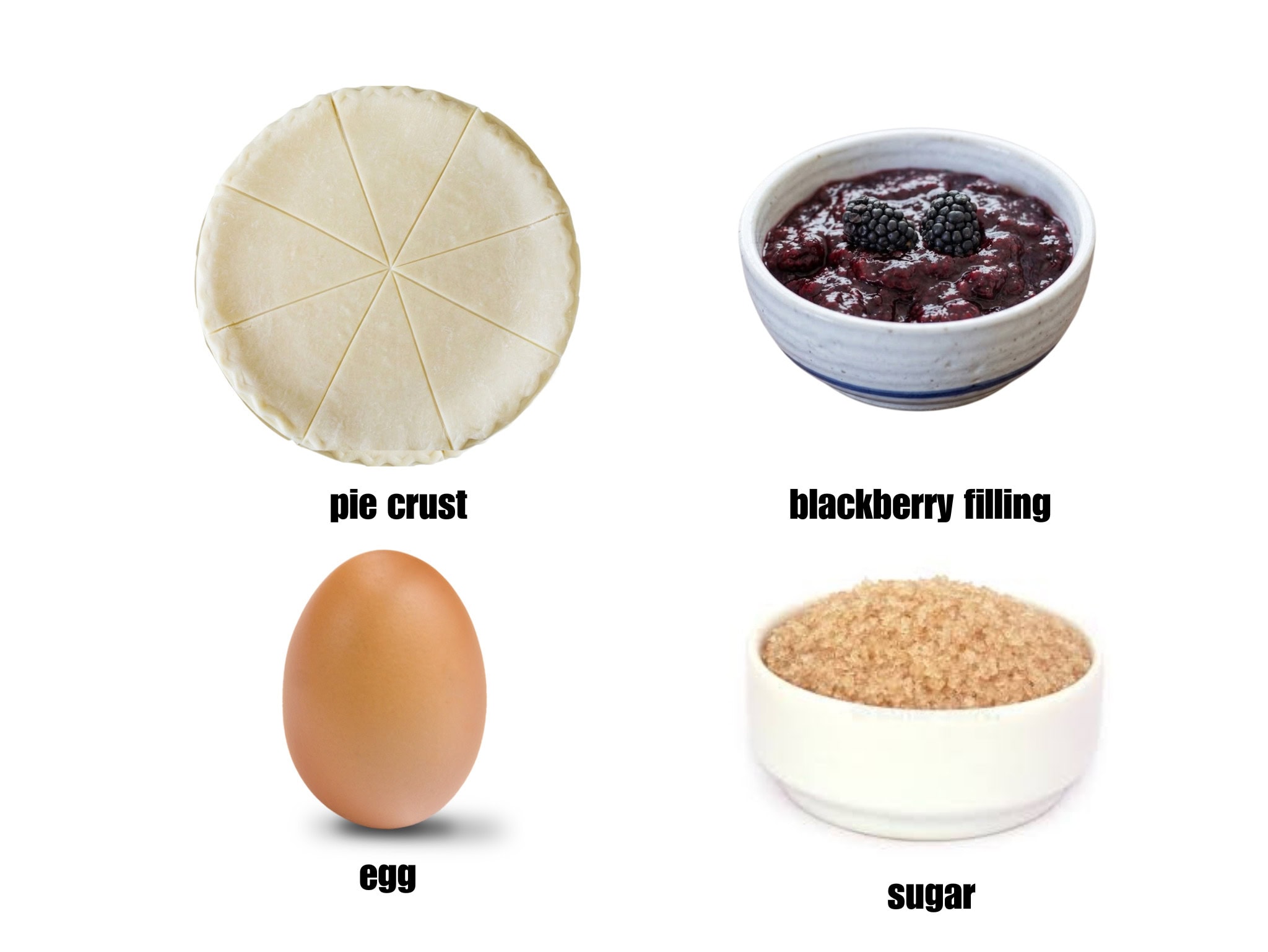 A flat-lay graphic showing the four ingredients for the recipe: a pre-cut round pie crust, a bowl of blackberry filling topped with fresh berries, a single brown egg, and a small white bowl of coarse sugar.