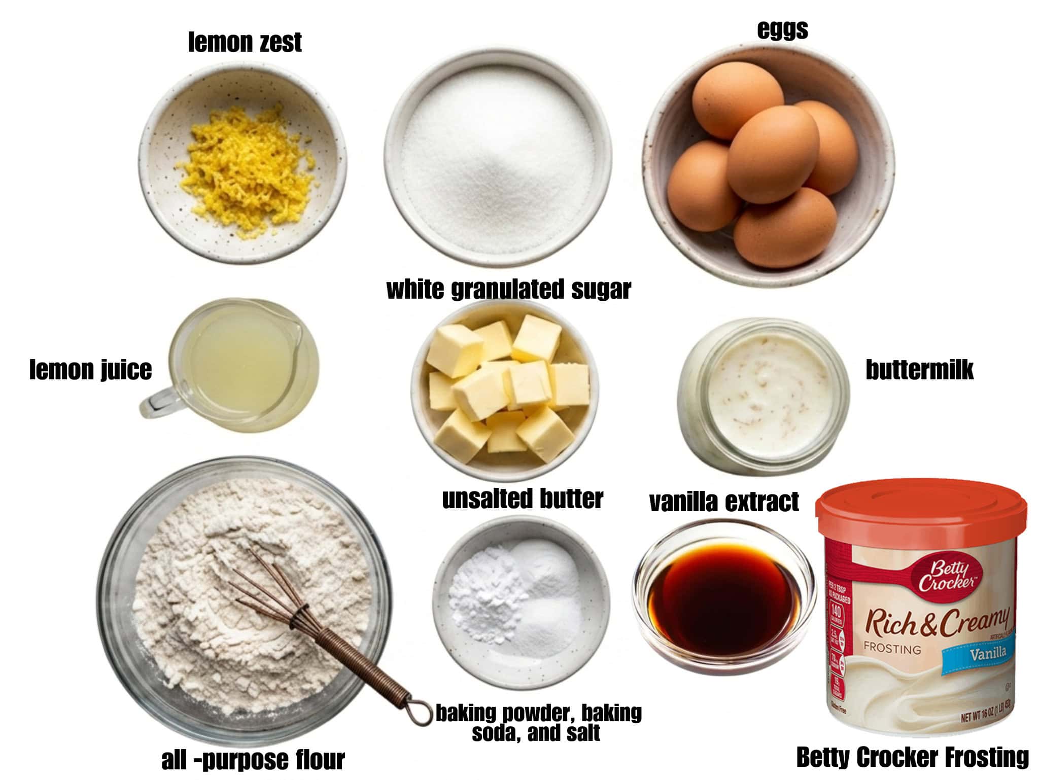 A labeled flat lay of ingredients on a clean white background, including fresh lemon zest, granulated sugar, 4 large eggs, fresh lemon juice, cubed unsalted butter, a jar of buttermilk, all-purpose flour, baking powder/soda/salt, vanilla extract, and a tub of Betty Crocker Frosting.