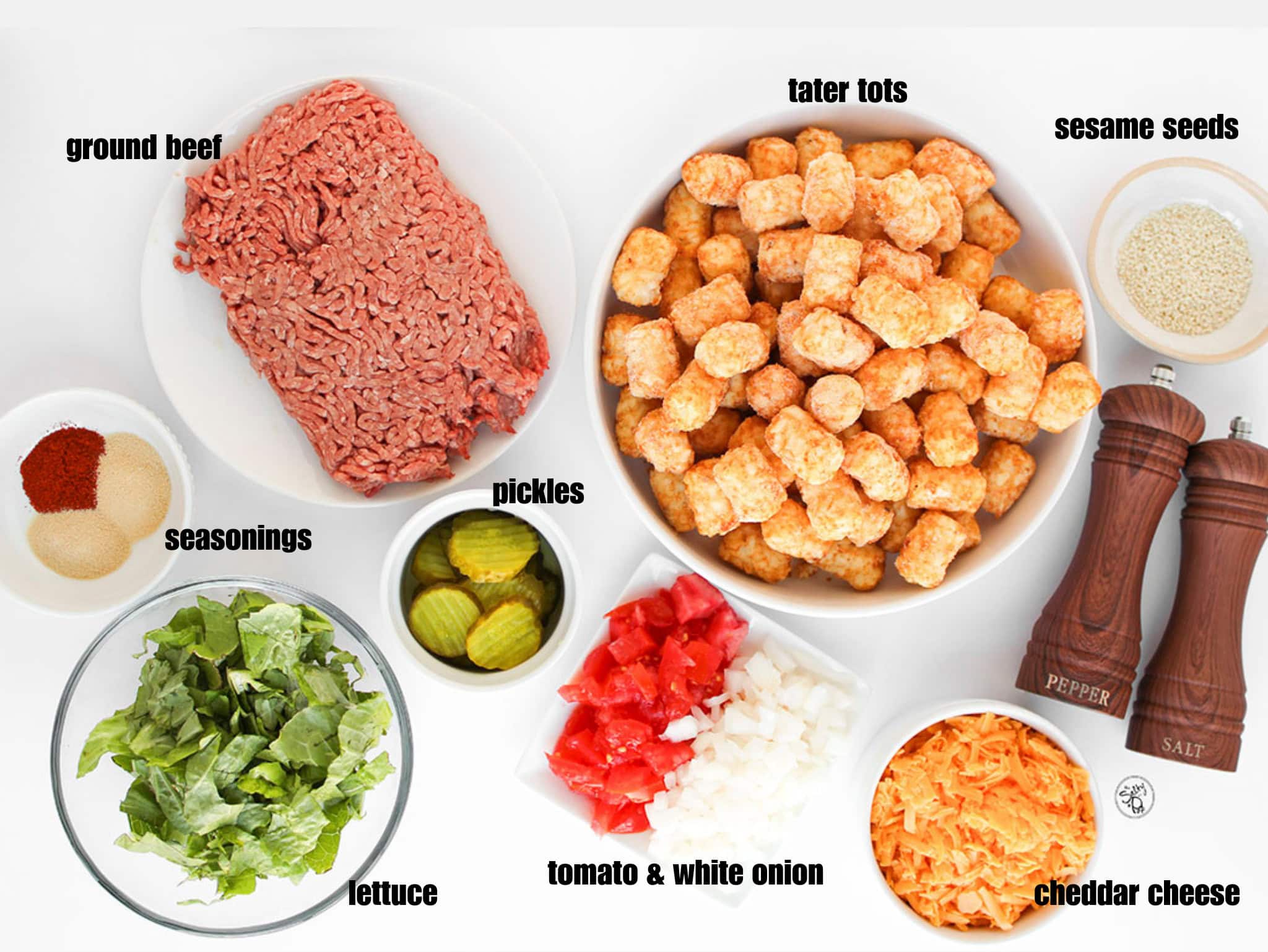 A top-down view of recipe ingredients including a bowl of frozen tater tots, raw ground beef, shredded cheddar cheese, diced tomatoes and onions, shredded lettuce, dill pickles, spices, and sesame seeds.
