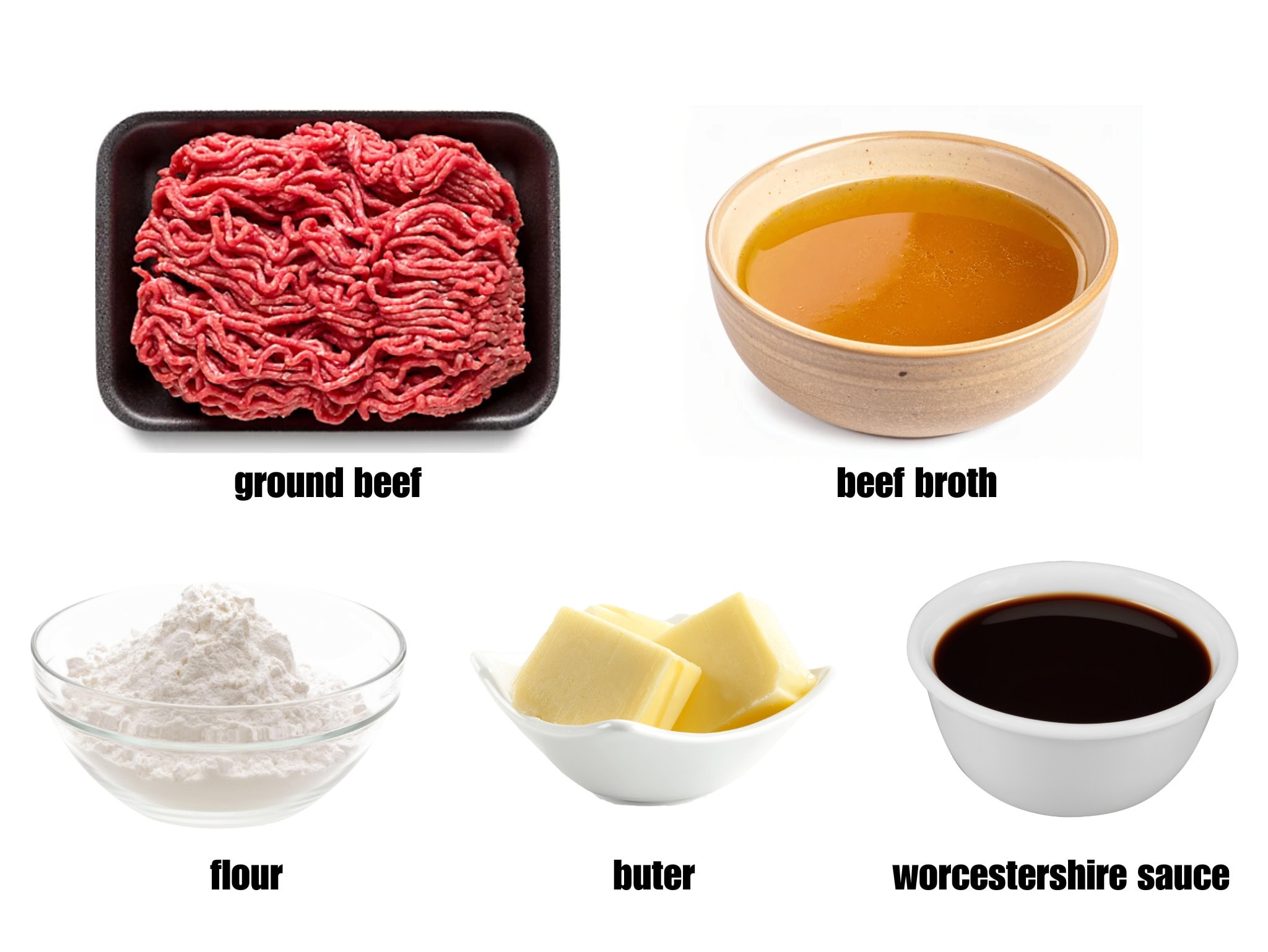 A flat-lay display of the recipe essentials: raw ground beef, a bowl of beef broth, a dish of white flour, three pats of butter, and a small bowl of dark Worcestershire sauce.